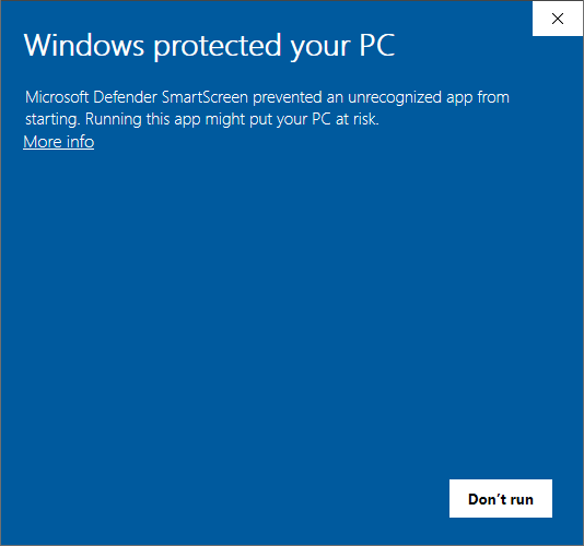 Microsoft Defender SmartScreen warning dialog